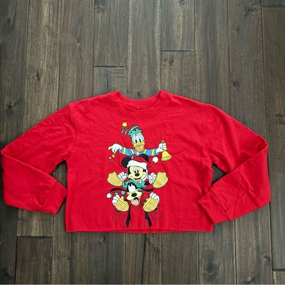 Disney Mickey & Friends Red Cropped Holiday Christmas Sweatshirt Jr. M NWOT